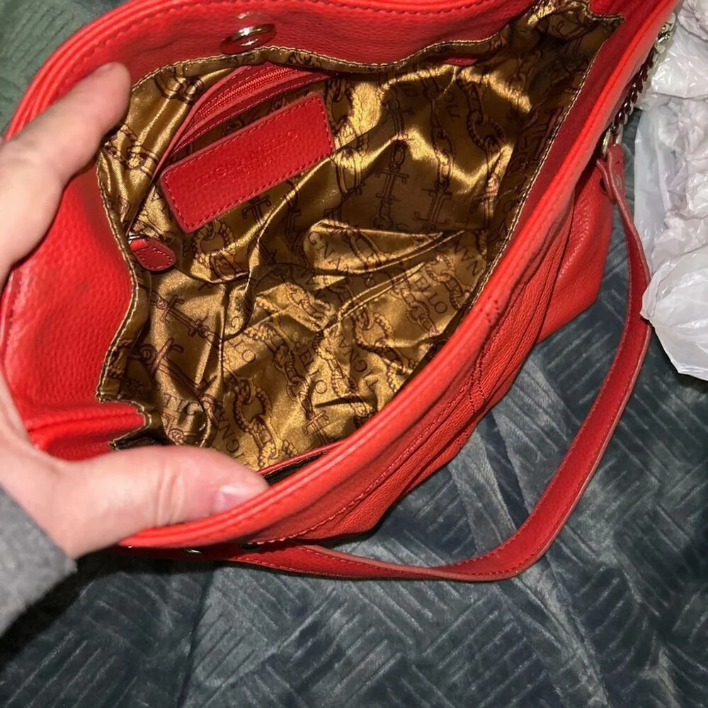Tignanello Red Leather Hobo Bag With Chain Accent